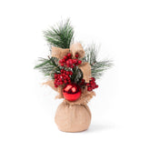 Decoratiune de Craciun 23 cm – Ramura de pin cu bobite si glob rosu, suport sac de iuta - MagicHome