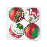 Set 4 globuri de Craciun Ø10 cm rosu-verde-alb cu detalii contrast, plastic - MagicHome
