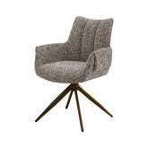 Scaun dining rotativ Nuria Ha.ro, bej-heather, tapițat cu material textil și bază metalică bronze, design elegant cu brațe integrate