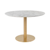 Masa de dining rotunda Ø110 cm alb/auriu cu aspect de marmura, din otel si MDF, Bolzano House Nordic