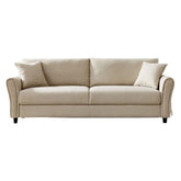 Canapea fixa 3 locuri Cozza, cadru si picioare solide din lemn, tapiserie textila crem, pernite decorative incluse, 212x78x87 cm