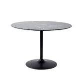 Masa de dining rotunda cu picior metalic si blat din MDF de culoare antracit, aspect marmura, 110 cm diametru, 75 cm inaltime