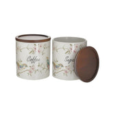 Set 2 Borcane cafea si zahar , din portelan,u capace de lemn , model floral, Ø11x13 cm