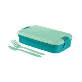 Set caserola pentru picnic/masa de pranz din plastic Lunch&Go 1,3L albastru turcoaz 13x23x7 cm si tacamuri incluse