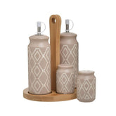Set oliviera 4 piese din portelan bej cu modele traditionale albe si suport de lemn