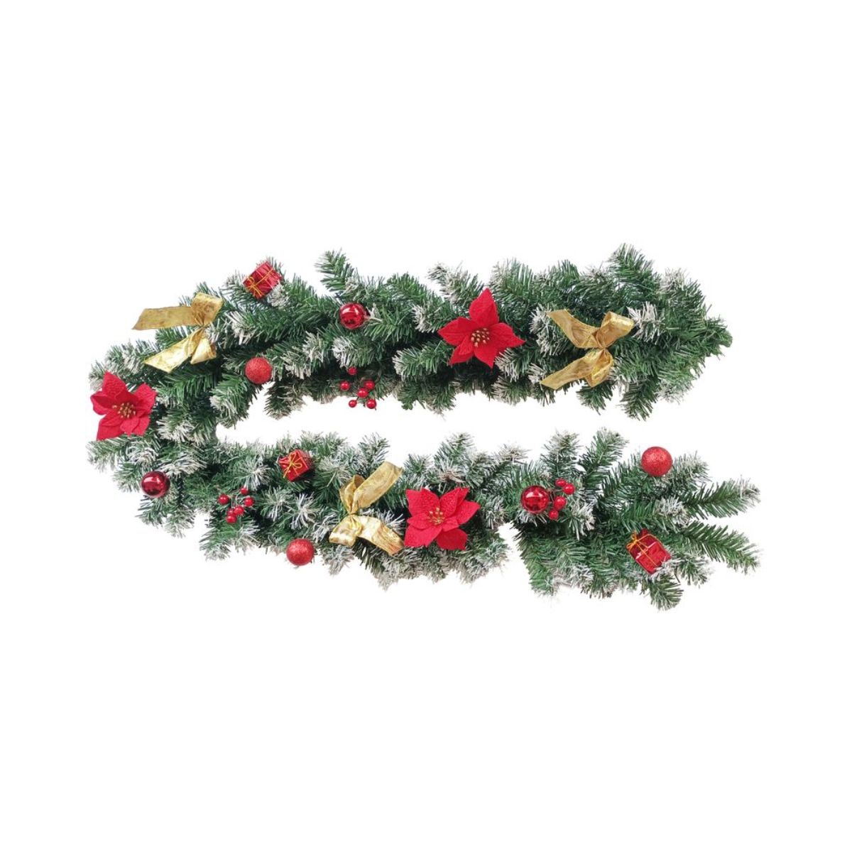 Ghirlanda de Craciun 180 cm verde cu funde aurii si Craciunite rosii - MagicHome