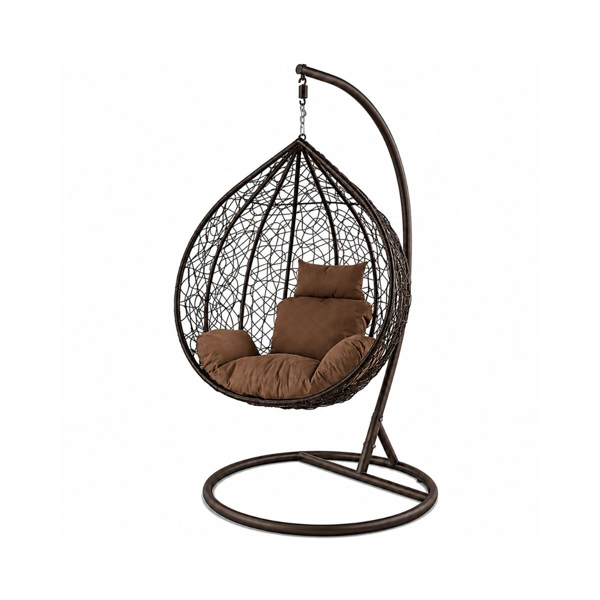 Scaun suspendat tip scoica din ratan, terasa/ balcon, perne maro, cadru otel maro, 105x105x196 cm