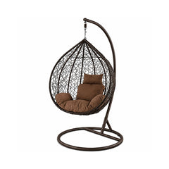 Scaun suspendat tip scoica din ratan, terasa/ balcon, perne maro, cadru otel maro, 105x105x196 cm