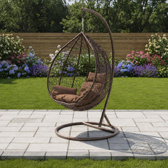 Scaun suspendat tip scoica din ratan, terasa/ balcon, perne maro, cadru otel maro, 105x105x196 cm