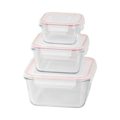 Set 3 caserole patrate din sticla MagicHome, 450/1000/1900 ml, roz