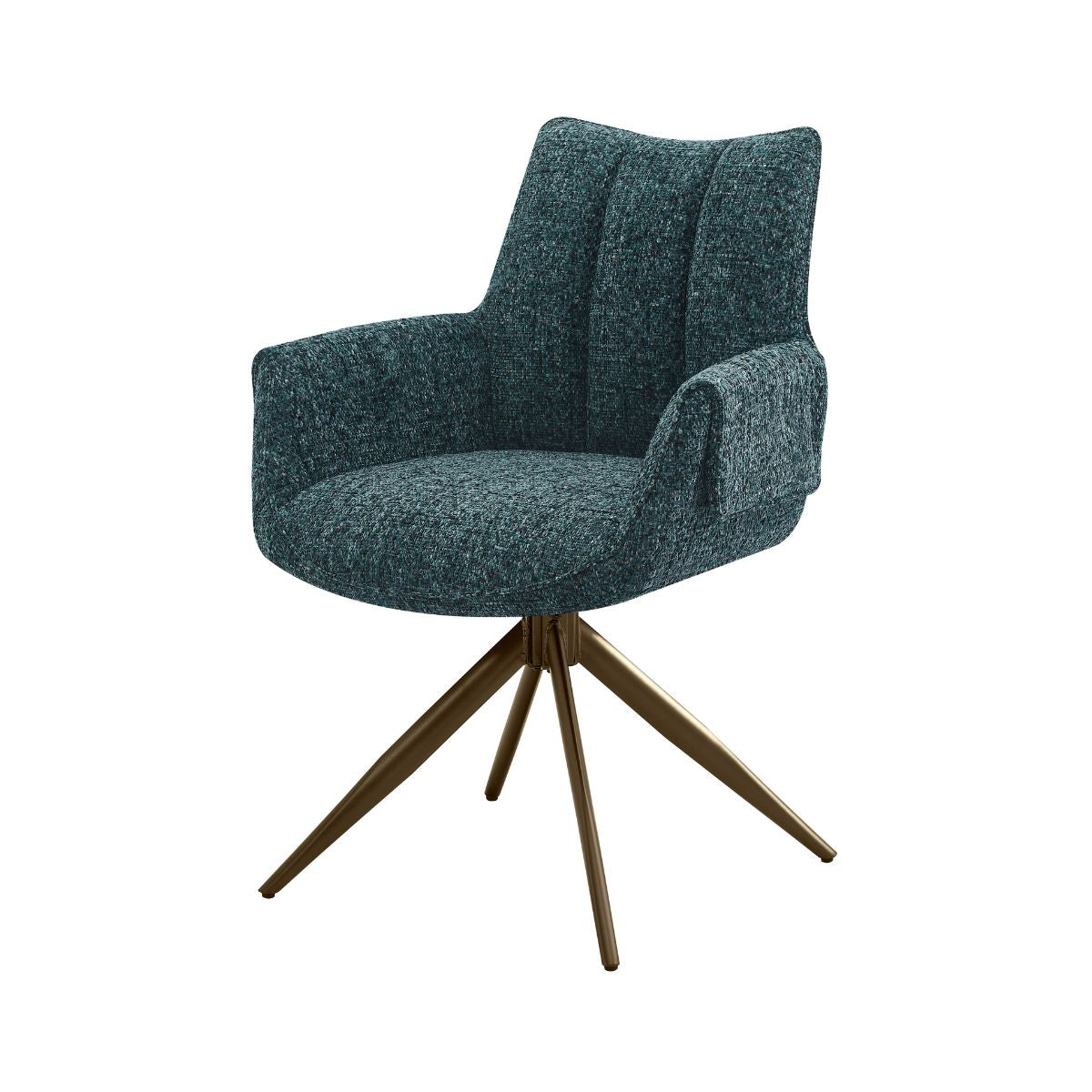 Scaun dining rotativ Nuria Ha.ro, verde-heather, tapițat cu material textil și bază metalică bronze, design elegant cu brațe integrate