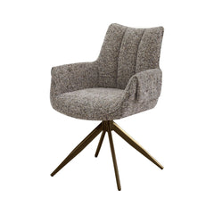 Scaun dining rotativ Nuria Ha.ro, bej-heather, tapițat cu material textil și bază metalică bronze, design elegant cu brațe integrate