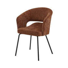 Scaun dining Myrene Ha.ro, maro-cărămiziu, tapițat cu material textil și picioare metalice negre, design modern cu brațe integrate