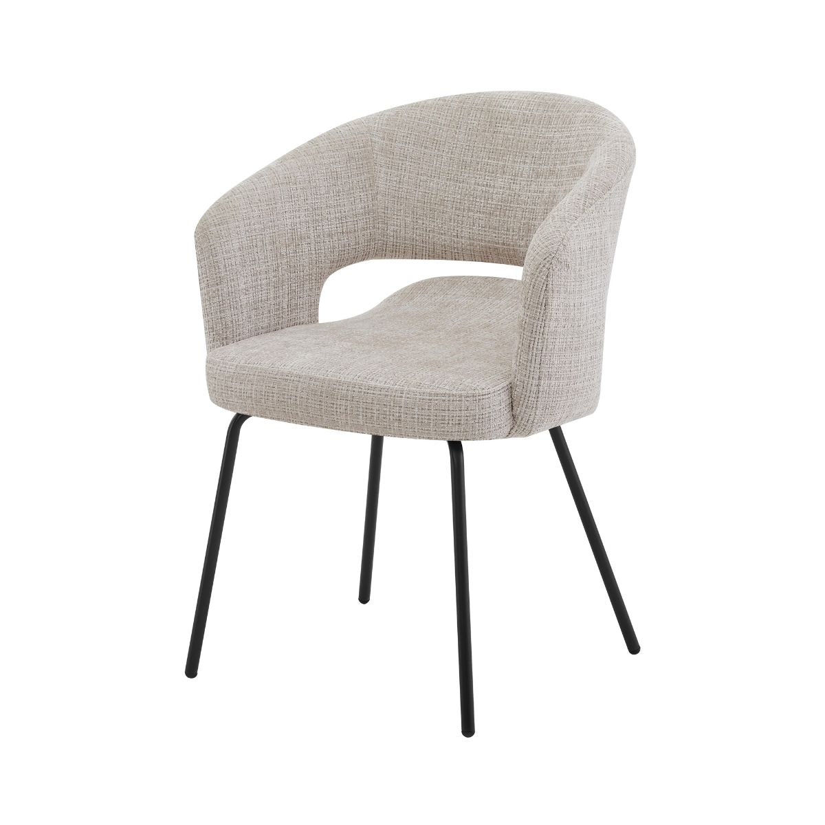 Scaun dining Myrene Ha.ro, bej, tapițat cu material textil și picioare metalice negre, design modern cu brațe integrate