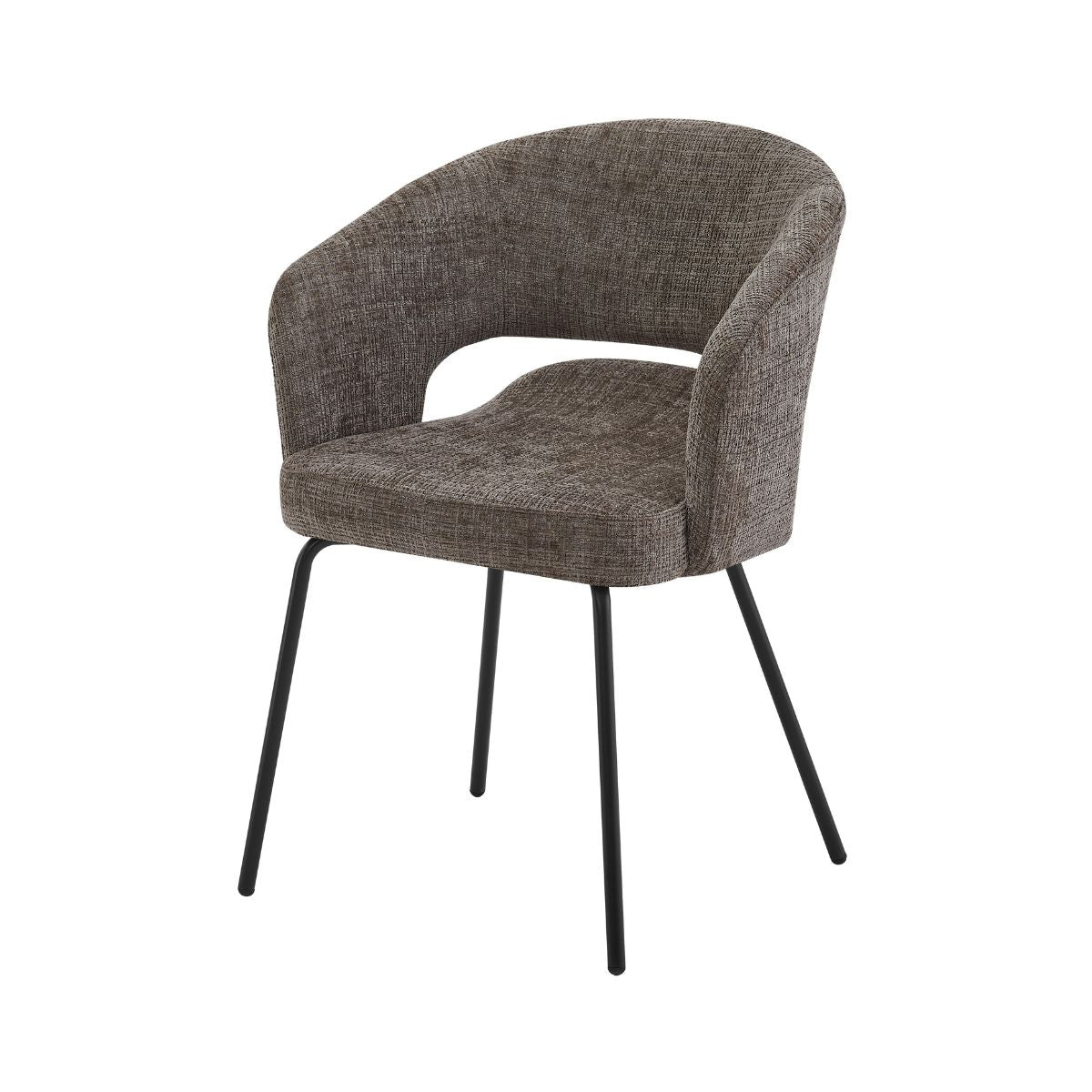 Scaun dining Myrene Ha.ro, maro-taupe, tapițat cu material textil și picioare metalice negre, design modern cu brațe integrate