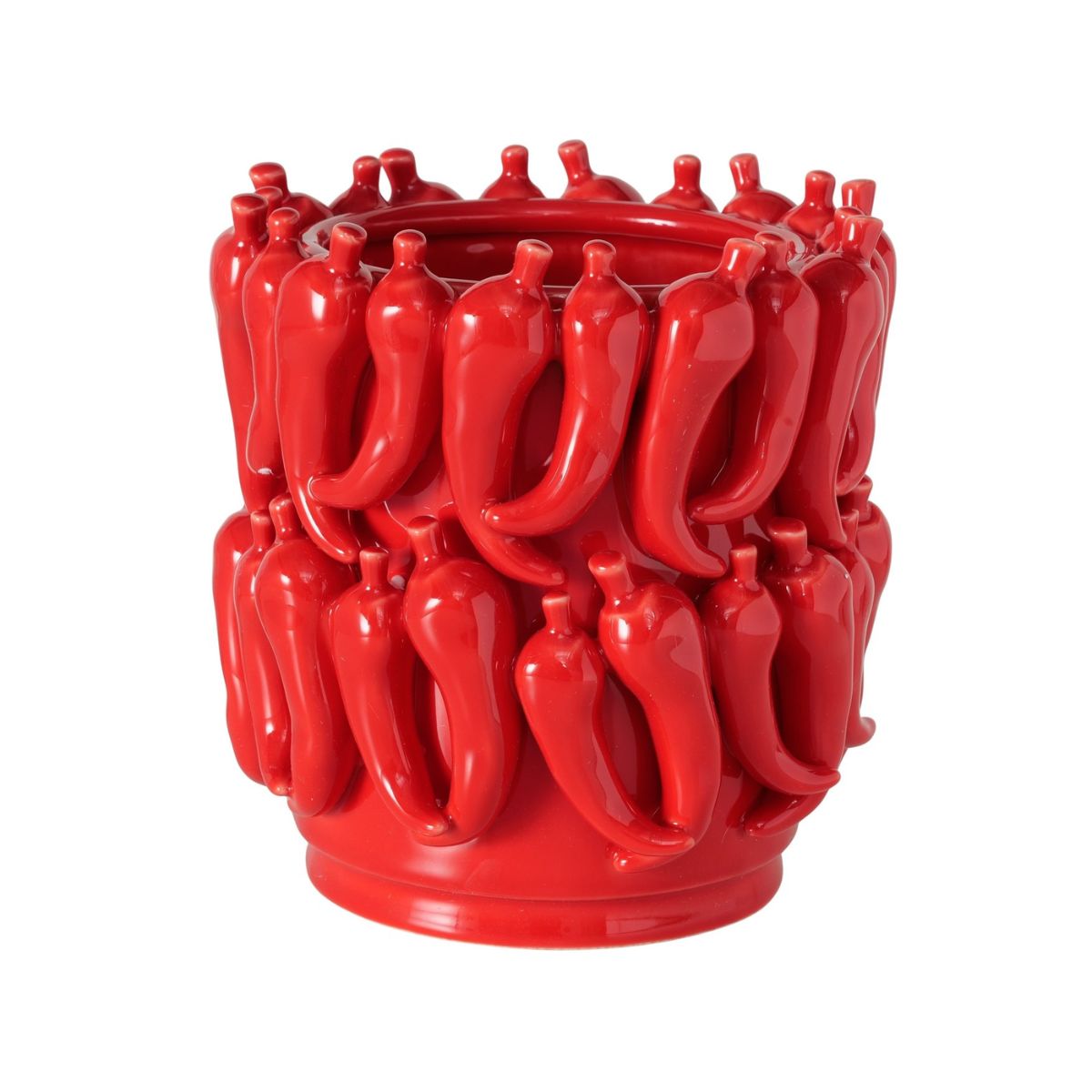 Ghiveci decorativ Peperoni Ø20 cm, din portelan rosu lucios cu model 3D ardei iuti