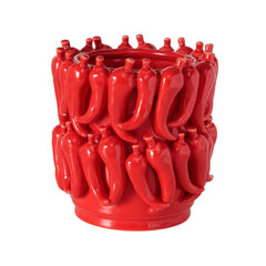 Ghiveci decorativ Peperoni Ø20 cm, din portelan rosu lucios cu model 3D ardei iuti