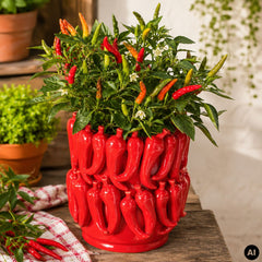 Ghiveci decorativ Peperoni Ø20 cm, din portelan rosu lucios cu model 3D ardei iuti