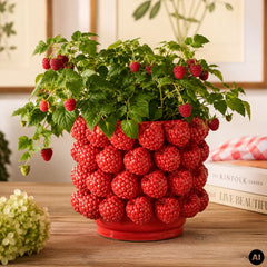 Vaza decorativa Himbeere Ø22,5 cm, din portelan rosu lucios cu model 3D zmeure