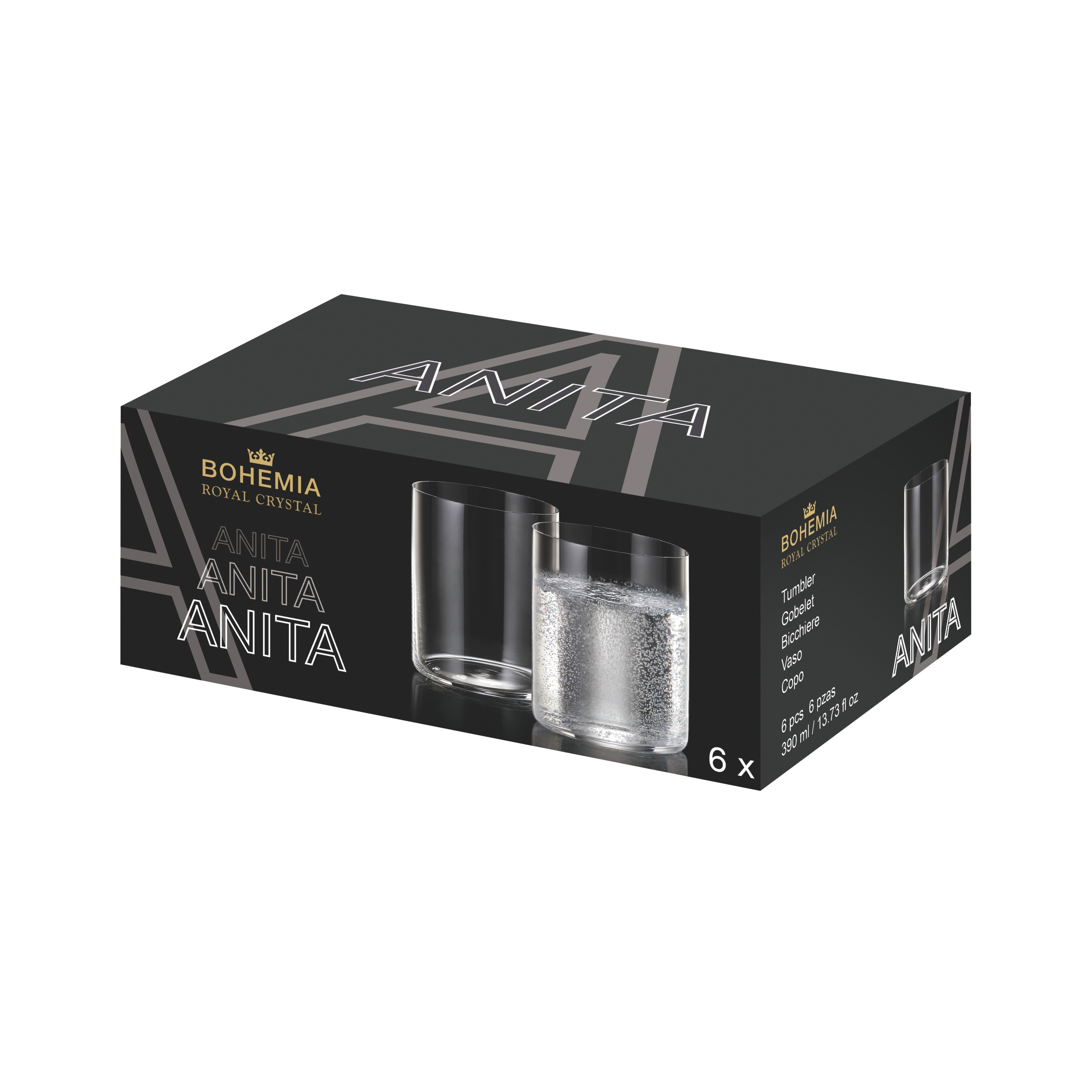 Set 6 pahare de apă cilindrice Anita 390 ml, fără picior, din sticlă-cristal