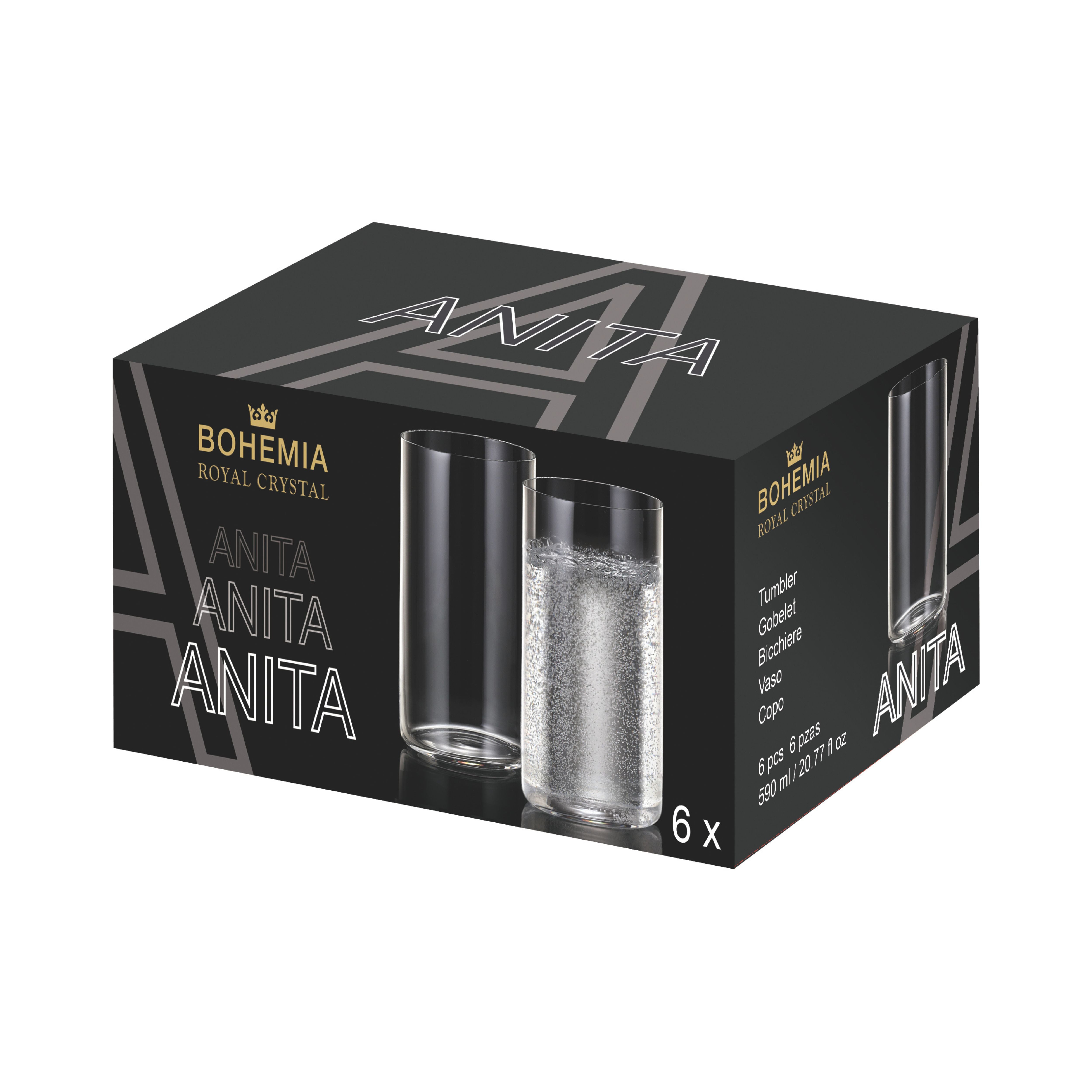 Set 6 pahare de apă cilindrice Anita 590 ml, fără picior, din sticlă-cristal