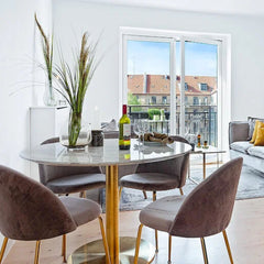 Masa de dining rotunda Ø110 cm alb/auriu cu aspect de marmura, din otel si MDF, Bolzano House Nordic