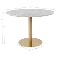 Masa de dining rotunda Ø110 cm alb/auriu cu aspect de marmura, din otel si MDF, Bolzano House Nordic