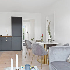Masa de dining rotunda Ø110 cm alb/auriu cu aspect de marmura, din otel si MDF, Bolzano House Nordic