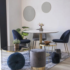 Masa de dining rotunda Ø110 cm alb/auriu cu aspect de marmura, din otel si MDF, Bolzano House Nordic