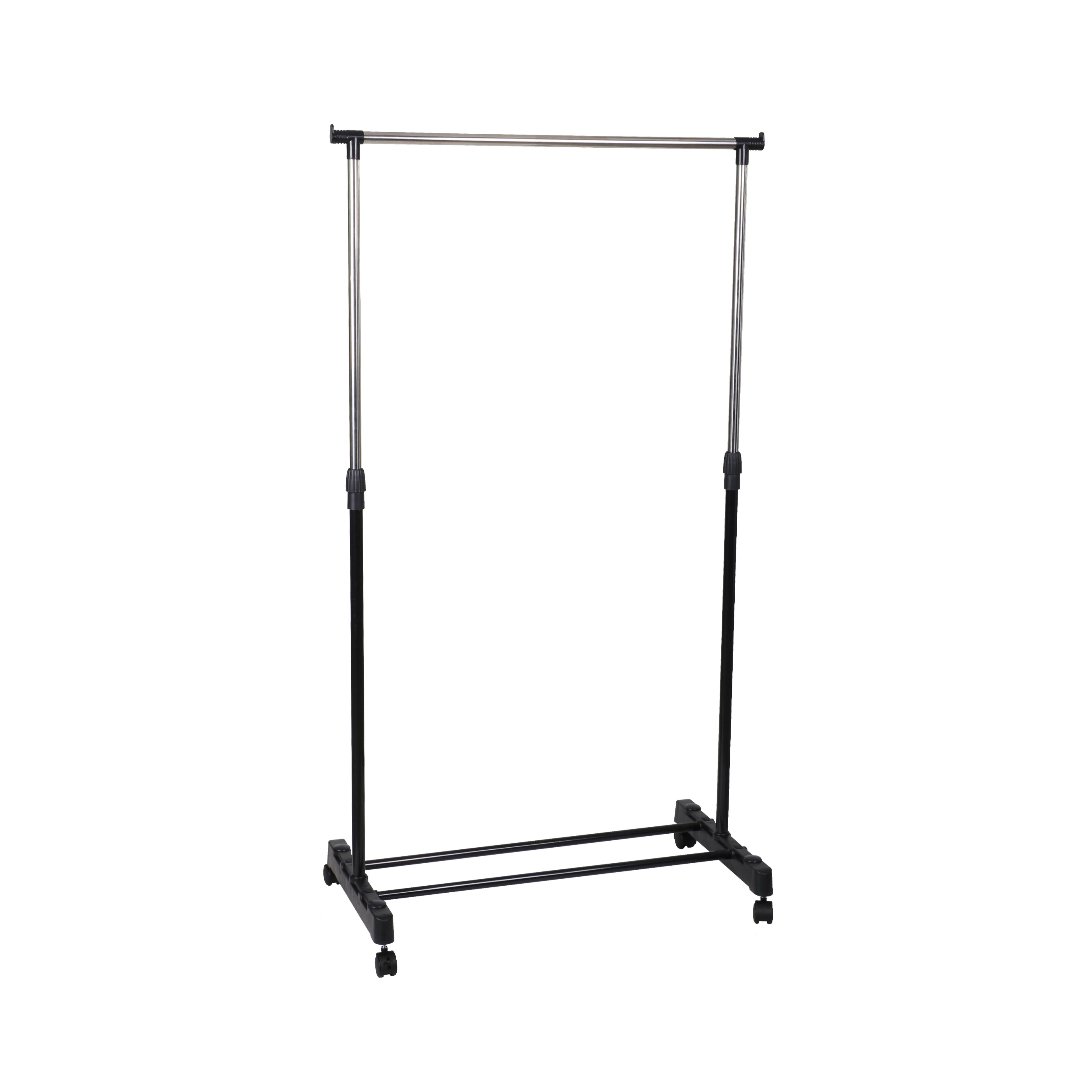 Stender pe roți 80 × 42 cm, cu bară pentru umerașe și înălțime reglabilă 95–165 cm.