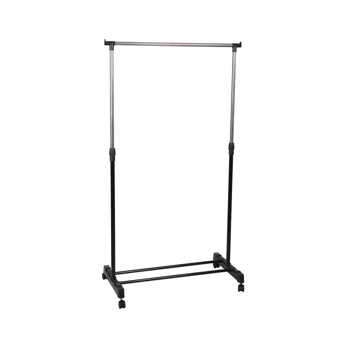 Stender pe roți 80 × 42 cm, cu bară pentru umerașe și înălțime reglabilă 95–165 cm.
