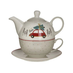 Set ceainic si ceasca din portelan, motiv Craciun, alb, 380cc/250cc 15x15x14 cm, INART