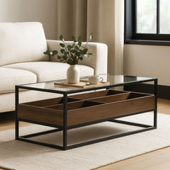 Masuta de cafea Inart din sticla, lemn si metal, 110x55x42 cm, negru/maro