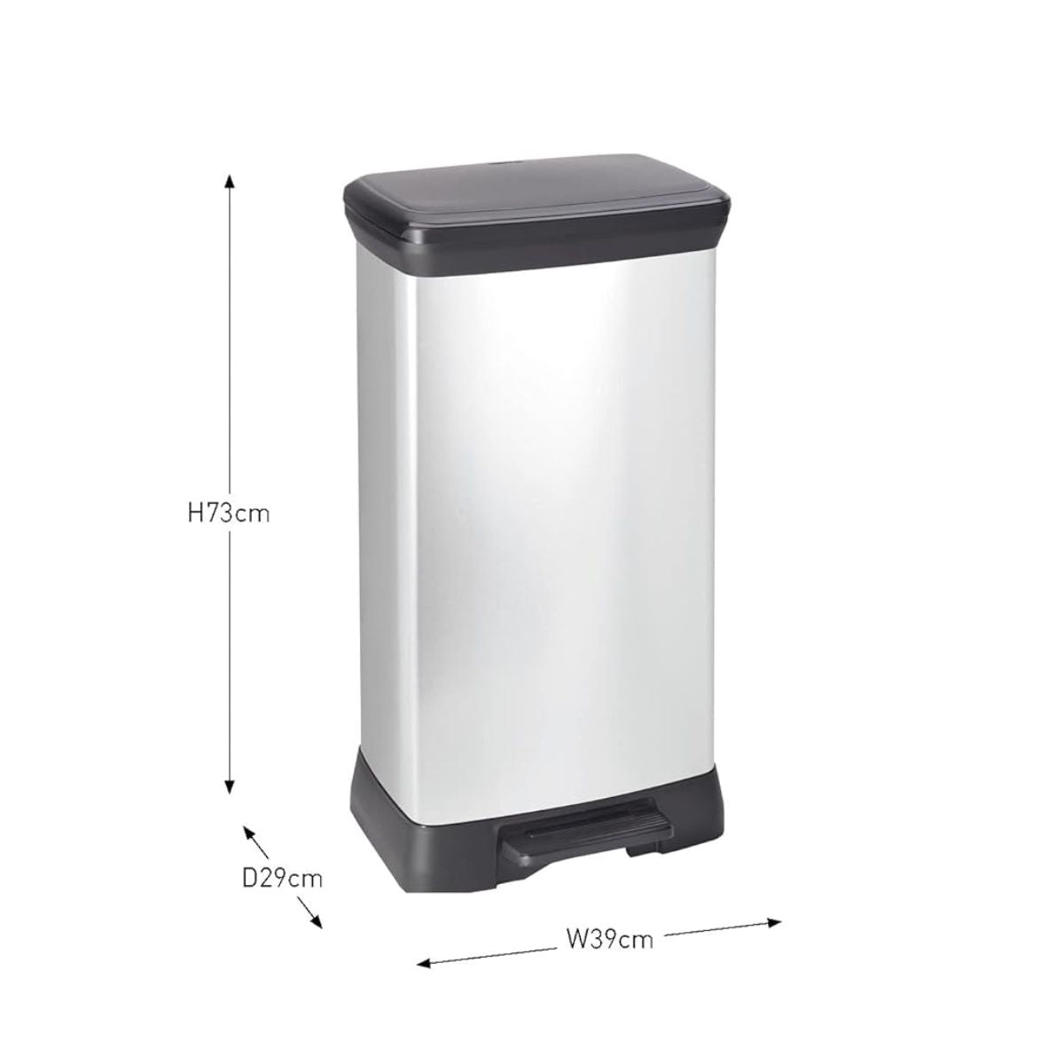 Cos de gunoi Curver 50 L, din plastic ultrarezistent cu pedala, 29x39x73 cm, negru/argintiu