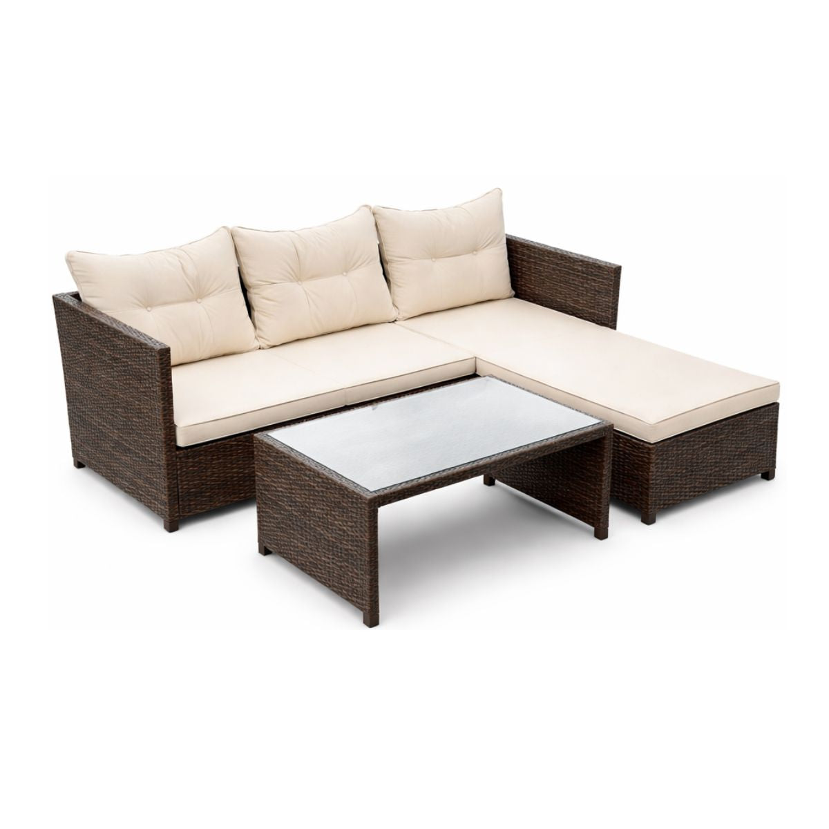 Set pentru terasa modular din 3 piese poliratan maro si perne bej