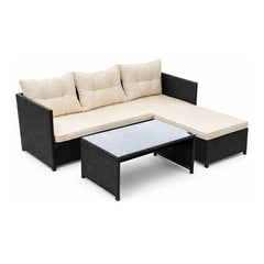 Set pentru terasa modular din 3 piese poliratan negru si perne bej