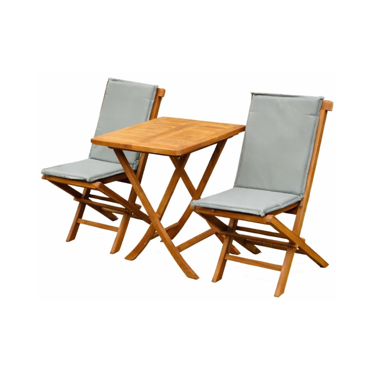 Set 3 piese Picnic din lemn masiv de tec compus din 2 scaune si masa rabatabile de culoare maro natur cu perne incluse