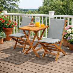 Set 3 piese Picnic din lemn masiv de tec compus din 2 scaune si masa rabatabile de culoare maro natur cu perne incluse