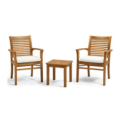 Set 3 piese Leon din lemn masiv de tec compus din 2 scaune si masuta de cafea de culoare maro natur cu perne inclse