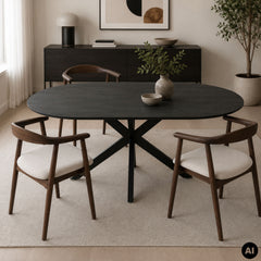 Masa dining ovala 160x90 cm maro inchis, blat din MDF 25 mm si picioare metalice, Odense HARO