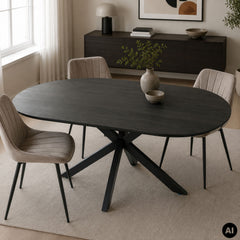 Masa dining ovala 160x90 cm maro inchis, blat din MDF 25 mm si picioare metalice, Odense HARO