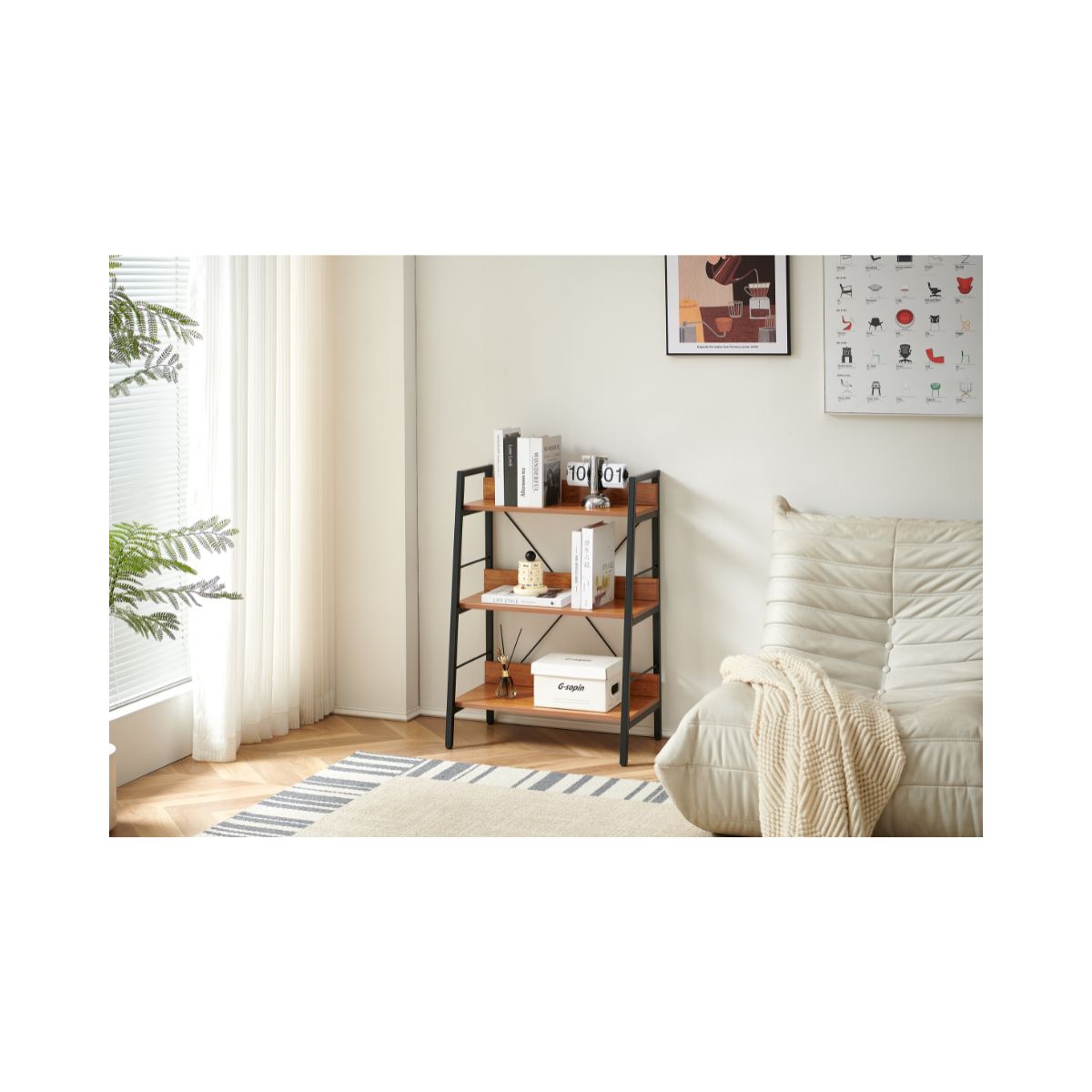 Raft metalic 60x35x85 cm cu polite din MDF melaminat, 15 mm grosime, maro stejar, HARO