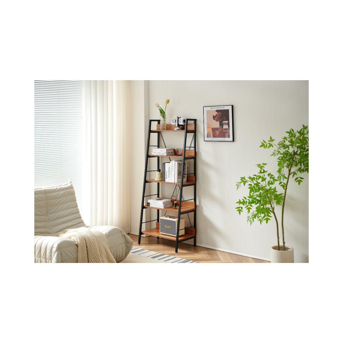 Raft metalic 60x35x149 cm cu polite din MDF melaminat, 15 mm grosime, maro stejar,  HARO