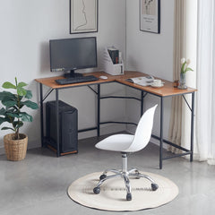 Birou de colt cu cadru metalic negru si blat din MDF melaminat, 15 mm grosime, maro stejar, 128x117x75 cm, Nordic Edge HARO