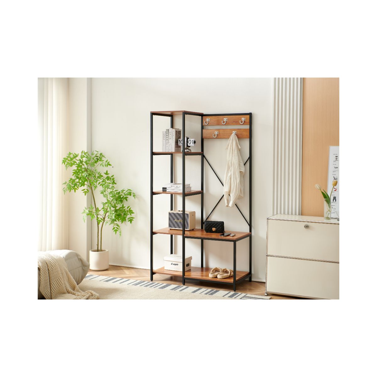 Raft cu cadru metalic negru si polite din MDF melaminat de 15 mm grosime, maro, 96x45x178 cm, Urban Coat HARO