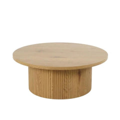 Masuta de cafea rotunda cu cadru metalic si blat din MDF maro deschis, aspect de stejar, 80 cm diametru, 33 cm inaltime