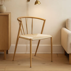 Scaun de dining cu cadru metalic din otel de culoare maro deschis si sezut din poliratan de culoare crem, 50.5x52x72 cm, A665