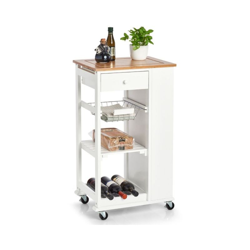 Carucior de bucatarie cu roti, alb, din bambus si MDF, 50 x 37 x 86,5 cm, Kitchen Trolley Zeller