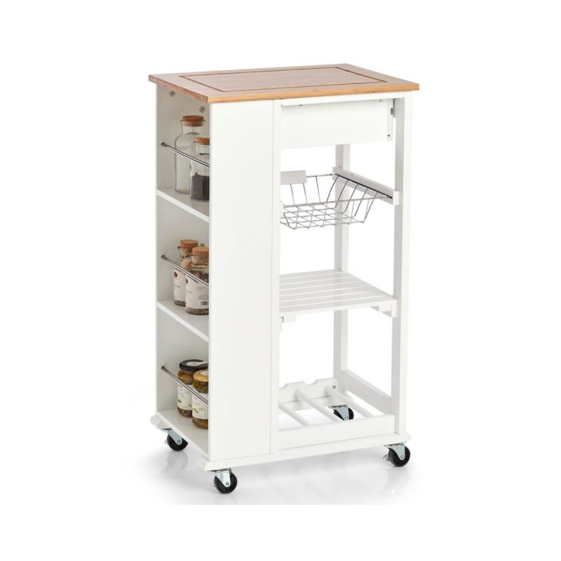 Carucior de bucatarie cu roti, alb, din bambus si MDF, 50 x 37 x 86,5 cm, Kitchen Trolley Zeller