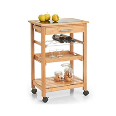 Carucior de bucatarie cu roti, maro, din bambus si sticla, 58 x 40 x 85 cm, Kitchen Trolley Zeller